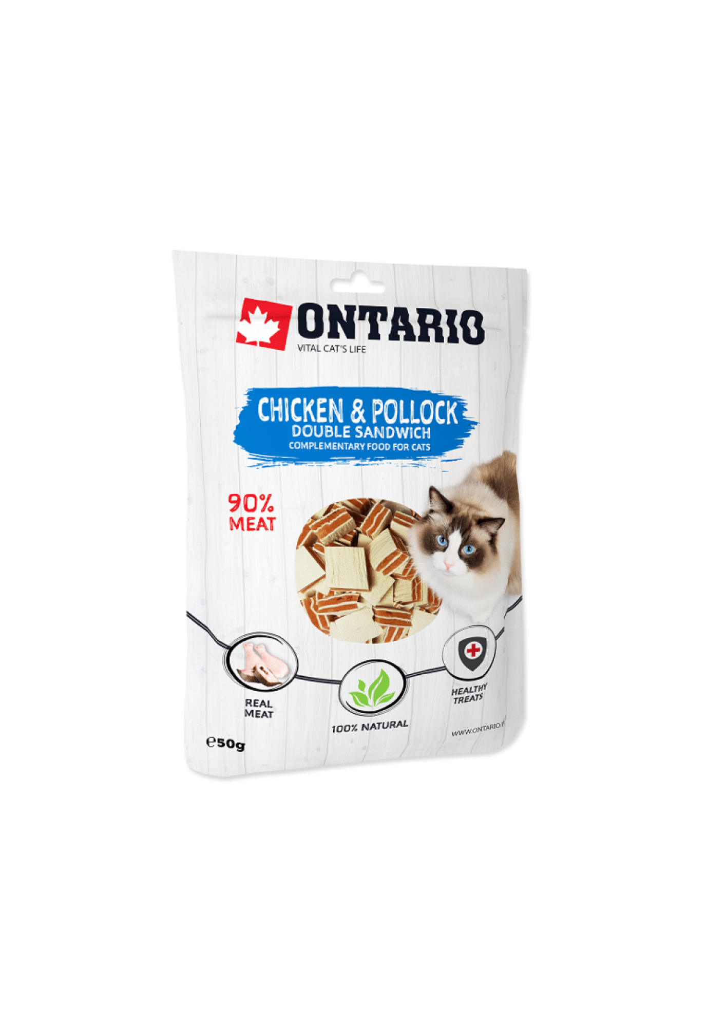 Gâteries pour chats de l'Ontario avec double sandwich au poulet et à la goberge, 50 g