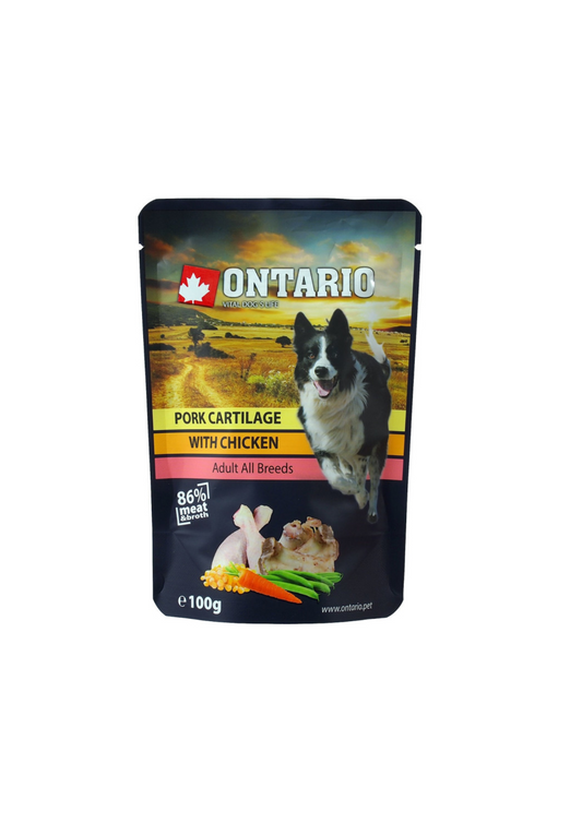 Ontario mitrā barība suņiem ar cūkgaļas skimšļiem, vistu buljonā, 100 g 