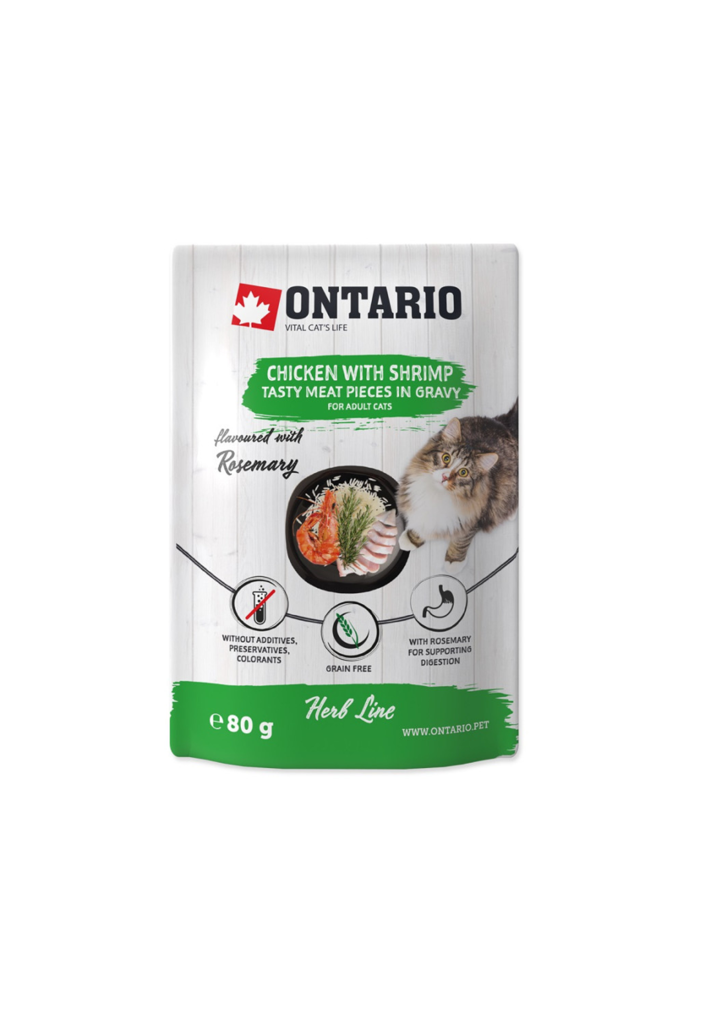Ontario Herb Comida Húmeda para Gatos con Pollo con Gambas, Arroz y Romero, 80g
