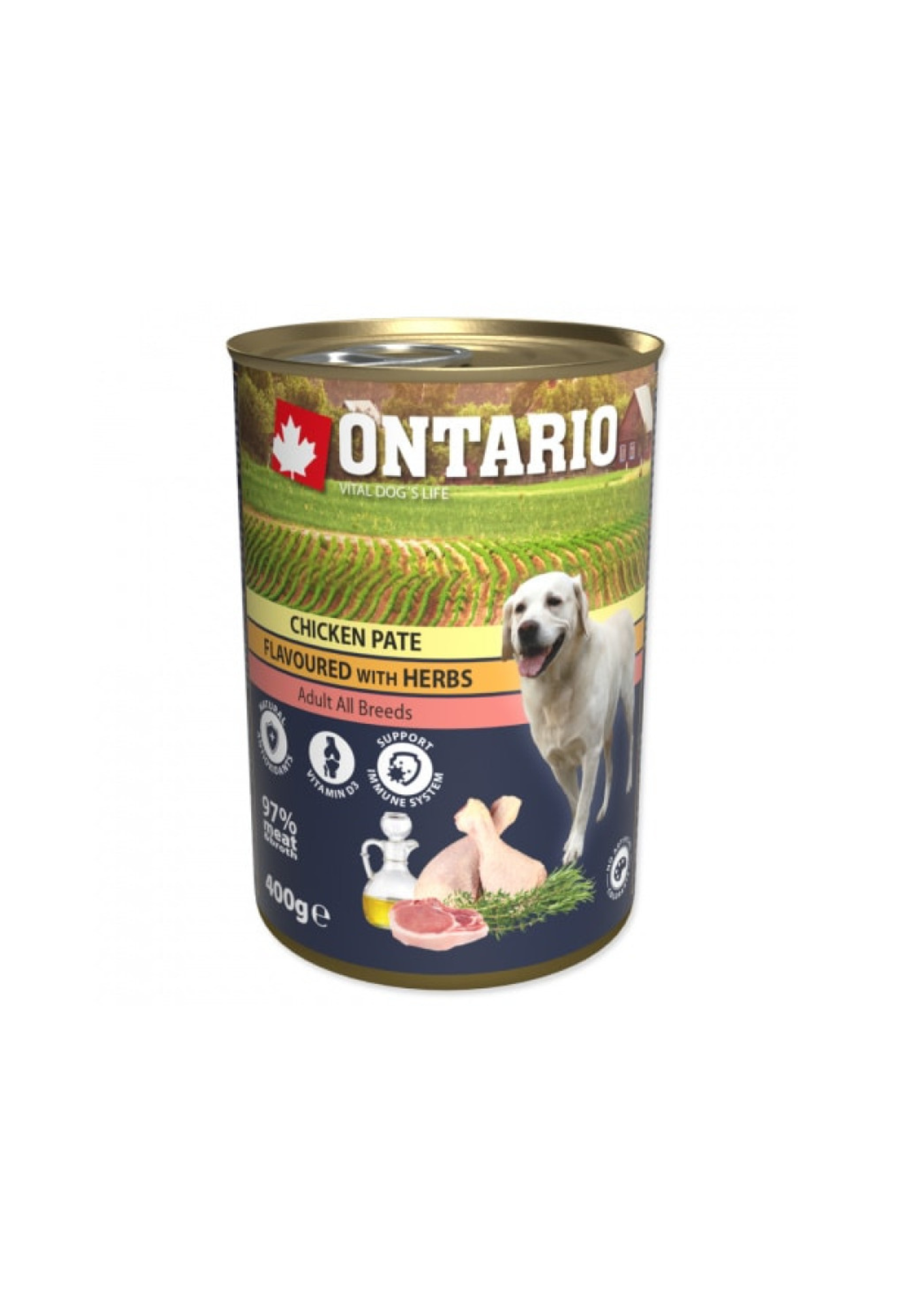 Ontario mitrā barība suņiem ar vistu un zaļumiem pastete, 400 g