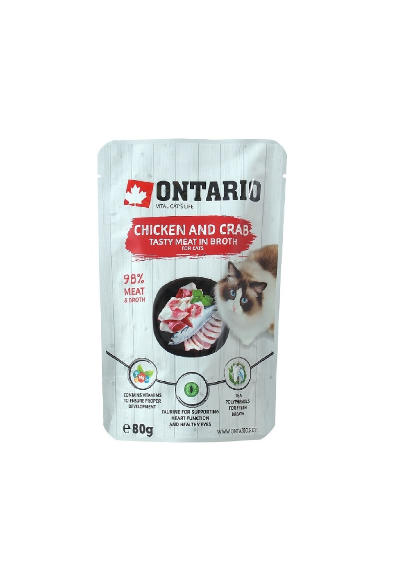 Ontario Comida Húmeda para Gatos en Bolsa con Pollo y Cangrejo en Caldo, 80 g