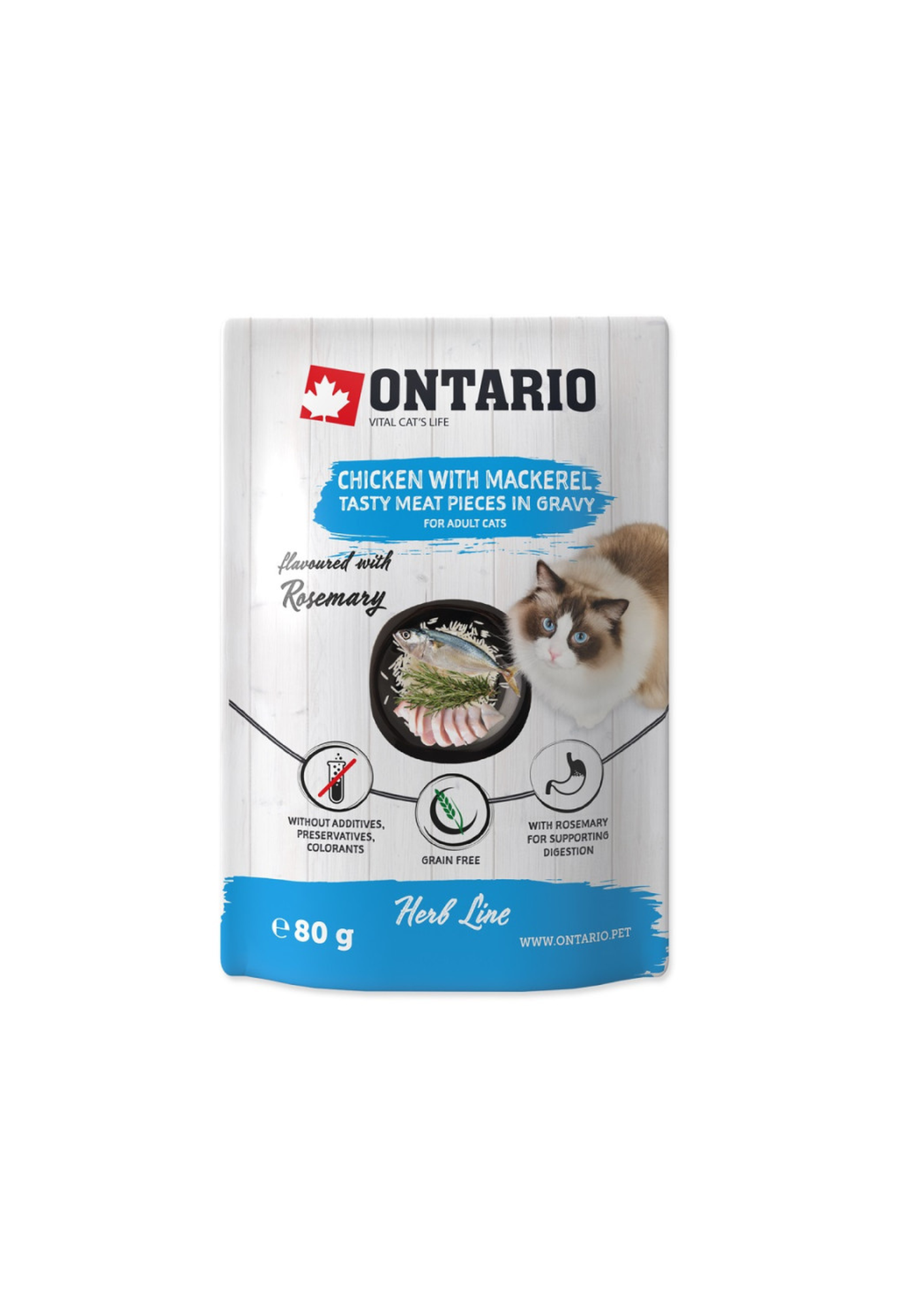 Ontario Herb Comida Húmeda para Gatos con Pollo con Caballa, Arroz y Romero, 80g