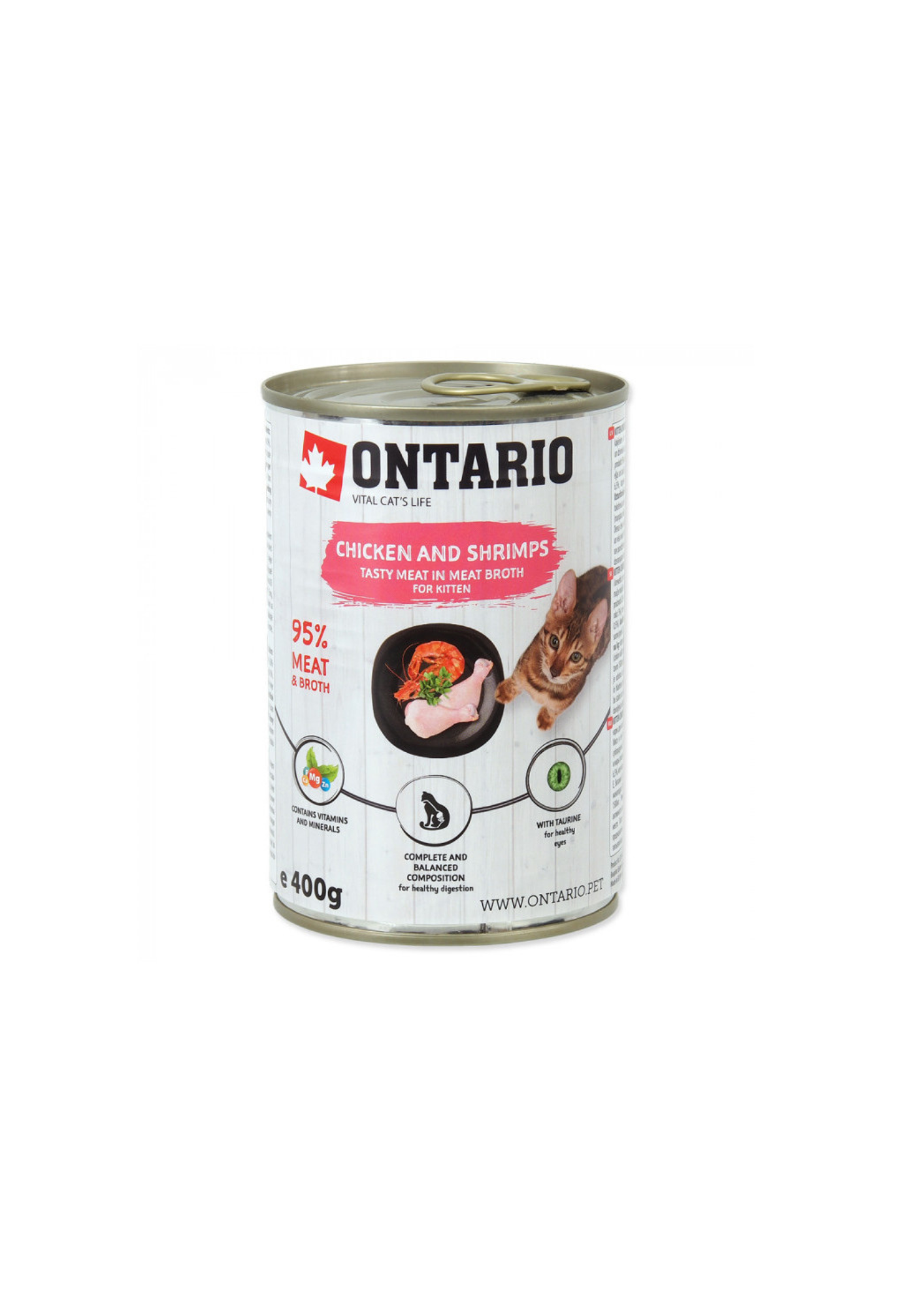 Ontario Cat can Wet Kitten Food with Chicken with Shrimps flavoured with Sea Buckthorn, 400g