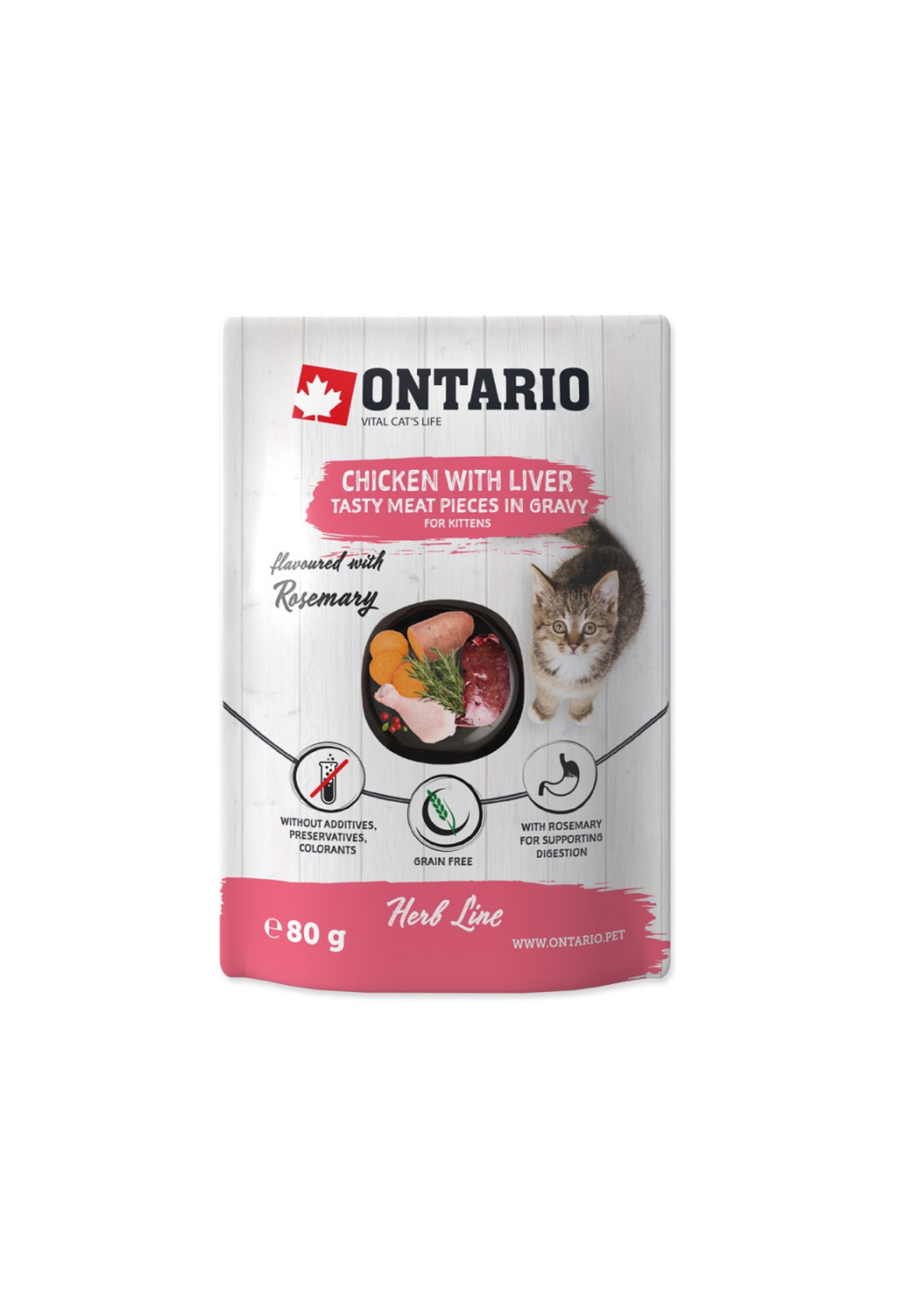 Nourriture humide pour chaton Ontario Kitten avec foie, patates douces, riz et pâte de viande fraîche au romarin, 80 g