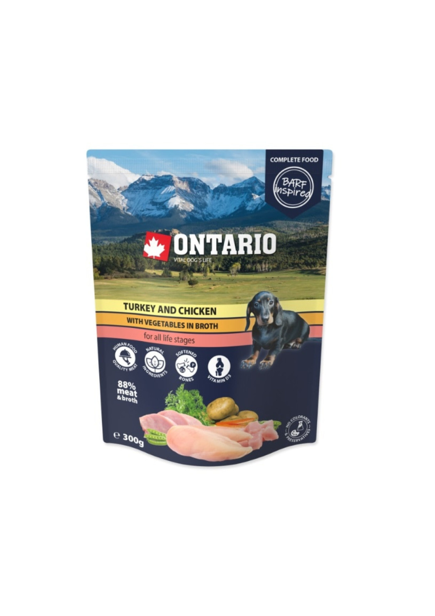 Ontario Dog Nassfutter für Welpen mit Truthahn, Huhn und Gemüse in Brühe, 300 g