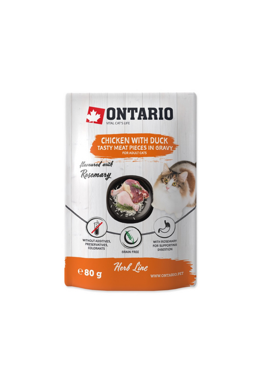 Ontario Herb mitrā barība kaķiem ar vistu un pīli, rīsiem un rozmarīnu, 80 g