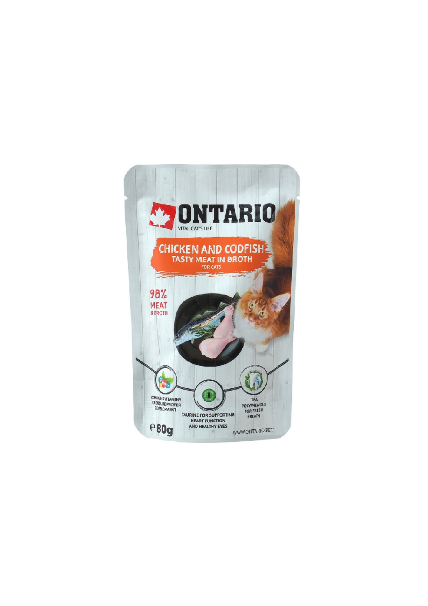 Ontario Comida Húmeda para Gatos en Bolsa con Pollo y Abadejo en Caldo 80g