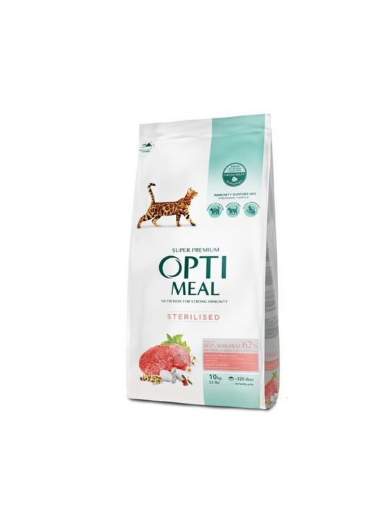 Optimeal For Adult Sterilised Cats Sausā barība sterilizētiem kaķiem ar liellopu, 10kg