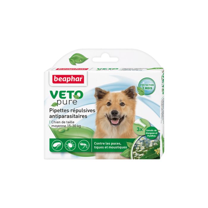 Beaphar VETO Pure Bio Spot On pour Chien Moyen 15-30kg - 3 Pipettes - Repousse les Puces, Tiques et Moustiques