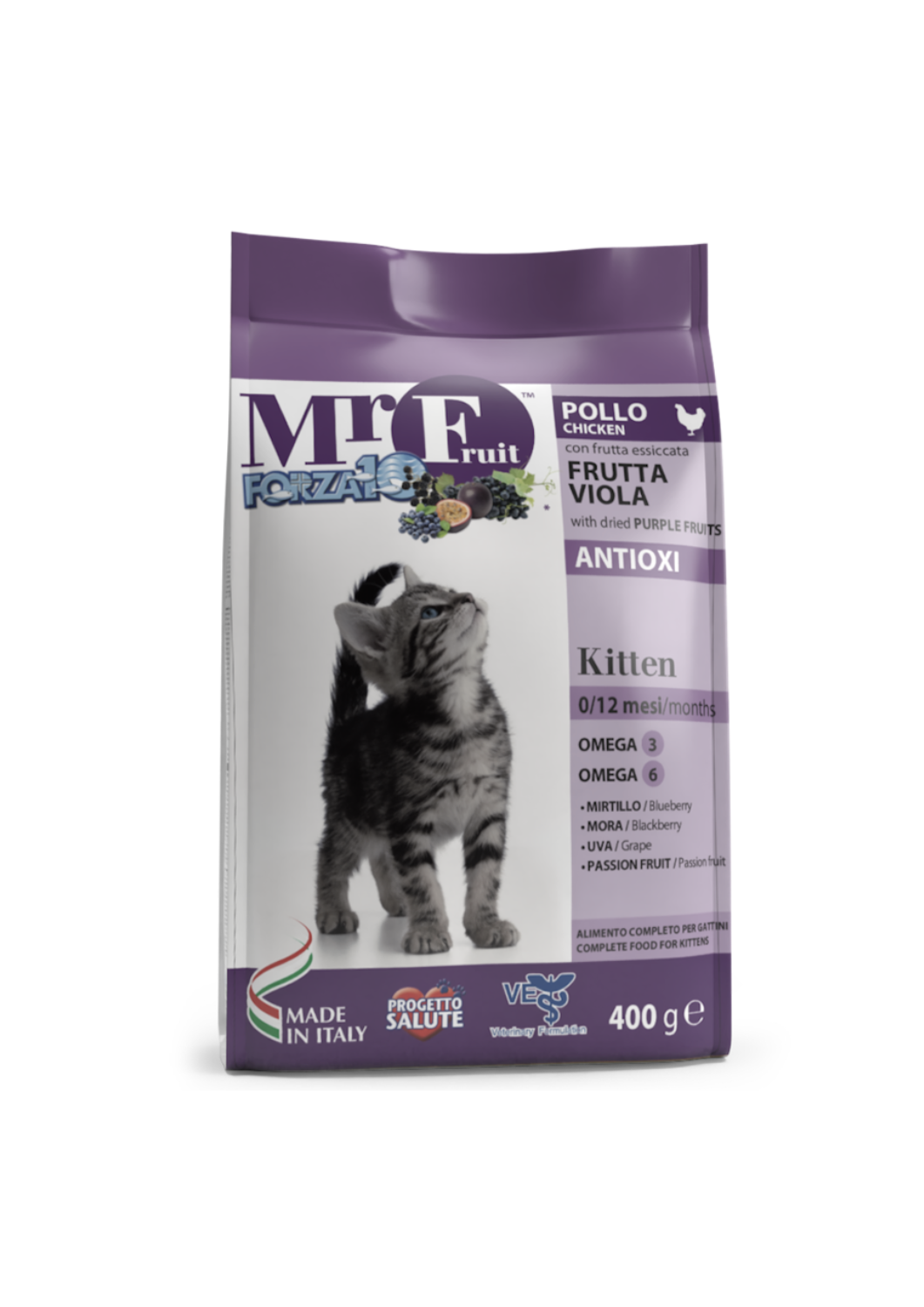 Forza10 Mr. Fruit Kitten Sausā barība kaķēniem ar vistu un violetajiem augļiem, 1,5kg