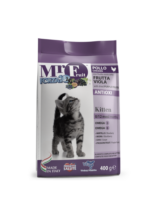 Forza10 Kitten Mr. Fruit Sausā barība kaķiem ar vistas gaļu un violetiem augļiem, 0,4kg