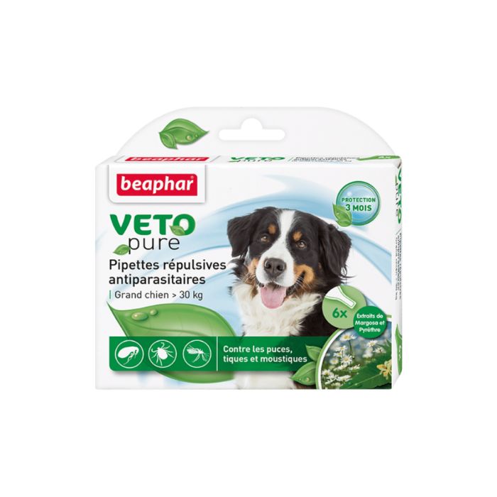 Beaphar VETO Pure Bio Spot On pour grand chien de plus de 30 kg, 6 pipettes, repousse les puces, les tiques et les moustiques