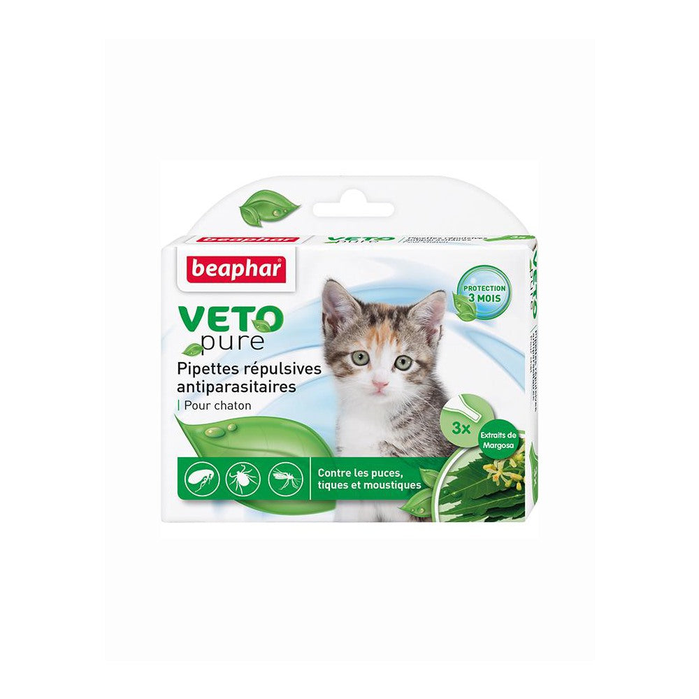 Beaphar Veto Pure Bio Spot On pour chatons, 3 pipettes - Protection naturelle contre les puces, les tiques et les parasites