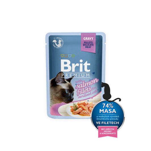 Brit Premium Cat Delicate Fillets in Gravy with Salmon for Sterilised Cat, Mitrā barība kaķiem ar lasi sterilizētiem kaķiem, 85g
