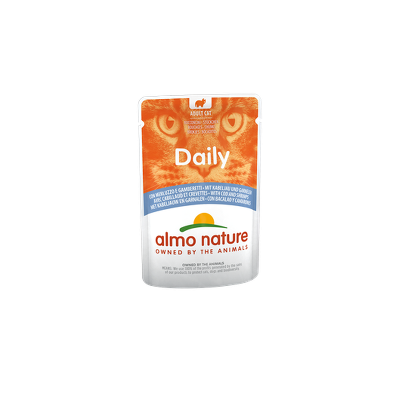 Almo Nature DAILY Mitrā barība kaķiem ar mencu un garnelēm, 70g