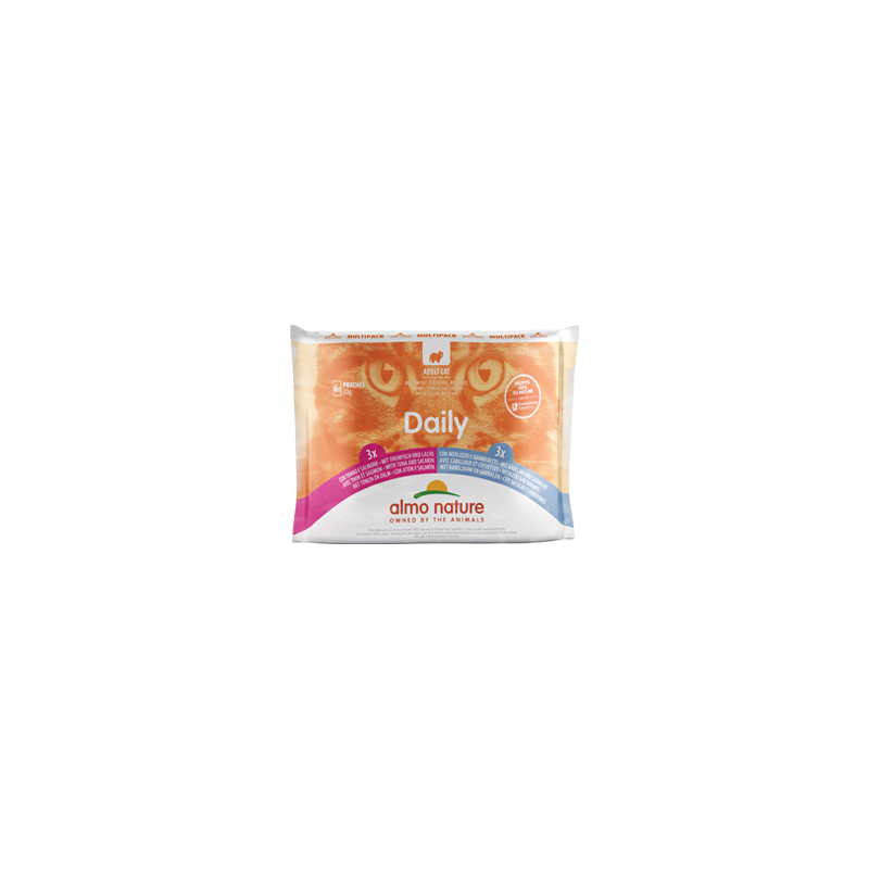 Almo Nature DAILY Nourriture humide pour chat au thon et au saumon/avec morue et crevettes, 6x70g