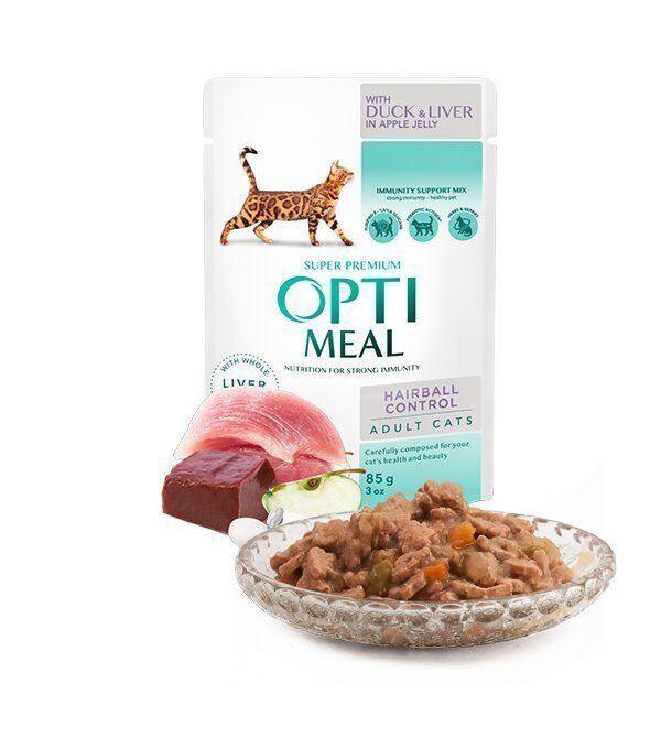 Optimeal Сomplete Canned Pet Food For Adult Cats Hairball Control, With Duck and Slices of Liver in Apple Jelly, 85g