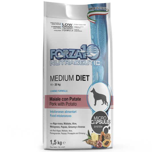 Forza10 Medium Diet ar cūkgaļu un kartupeļiem sausā barība suņiem, 12kg