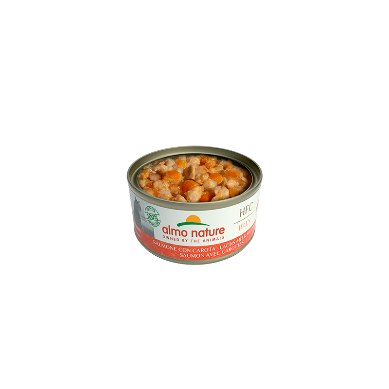 Almo Nature HFC JELLY Mitrā barība kaķiem ar lasi ar burkāniem želejā, 70g