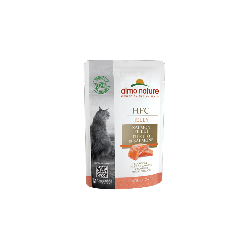 Almo Nature HFC JELLY Mitrā barība kaķiem ar lasi želejā, 55g