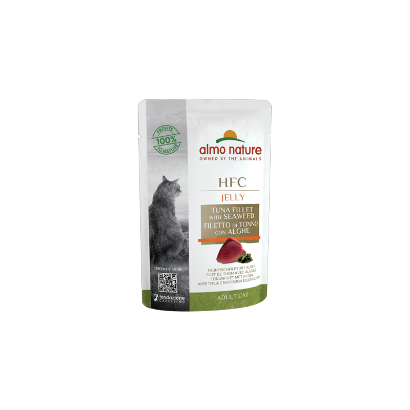 Almo Nature HFC JELLY Mitrā barība kaķiem ar tunča fileju un jūras aļģēm želejā, 55g