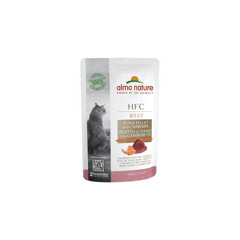 Almo Nature HFC JELLY Mitrā barība kaķiem ar tunci un garnelēm želejā, 55g