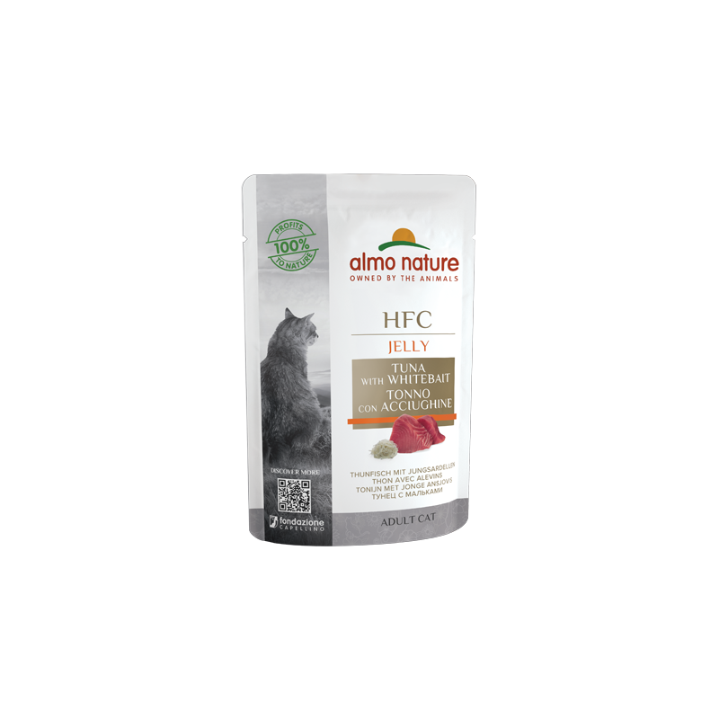 Almo Nature HFC JELLY Mitrā barība kaķiem ar tunci un mailītēm želejā, 55g
