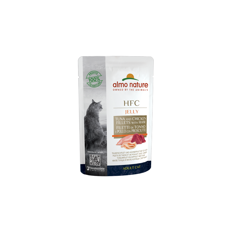 Almo Nature HFC JELLY Mitrā barība kaķiem ar tunci, vistu un šķiņķi želejā, 55g