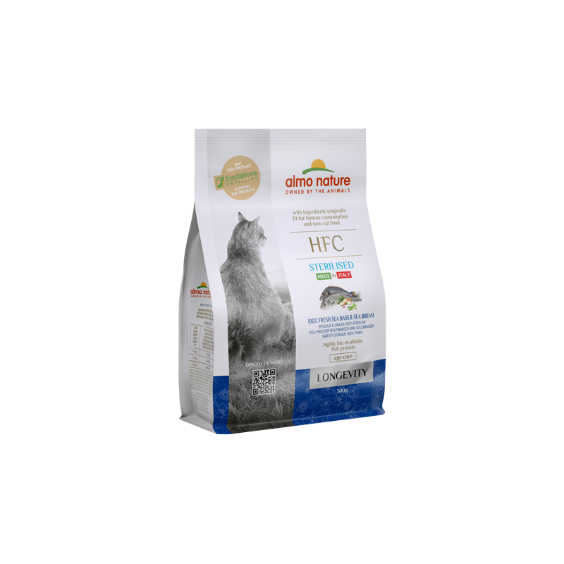 Almo Nature HFC Longevity Adult Trockenfutter für Katzen mit Wolfsbarsch und Seebrasse, 1,2 kg
