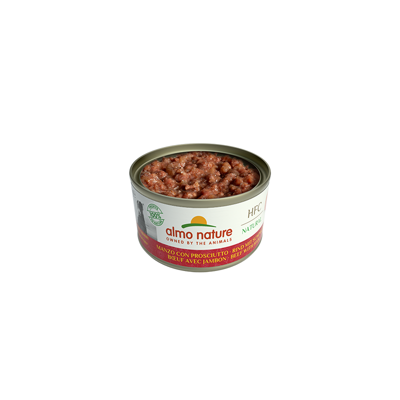 Almo Nature HFC natürliches Dosenfutter für Hunde mit Rindfleisch und Schinken, 95 g