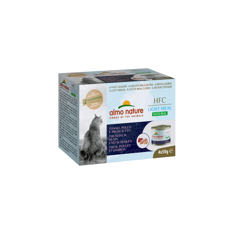 Almo Nature HFC Natural Light Meal Mega Pack Nourriture humide pour chat avec thon, poulet et jambon, 4 x 50 g