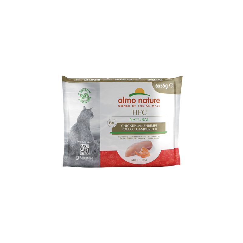 Almo Nature HFC Natural Mitrā barība kaķiem megapaka ar vistu un garnelēm, 6x55g