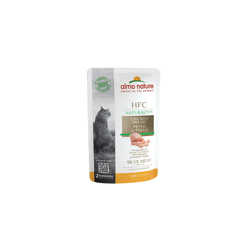 Almo Nature HCF Natural Plus Nourriture humide pour chats avec poitrine de poulet 98,5%, 55g