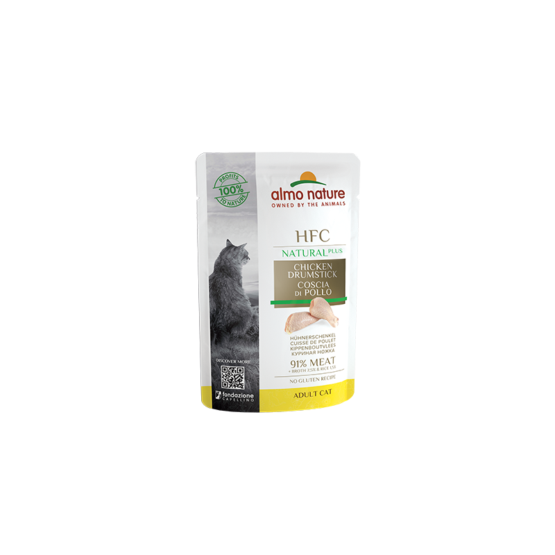 Almo Nature HCF Natural Plus Nourriture humide pour chats avec pilons de poulet 91 %, 55 g