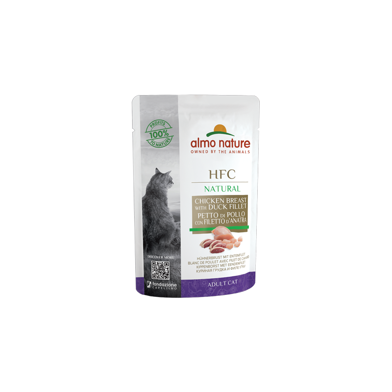 Almo Nature HFC Natural Mitrā barība kaķiem ar vistas krūtiņu un pīles fileju, 55g
