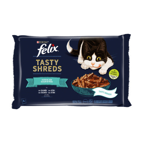 Purina FELIX TASTY SHREDS, Mitrā barība kaķiem zivs izlase 4*85g