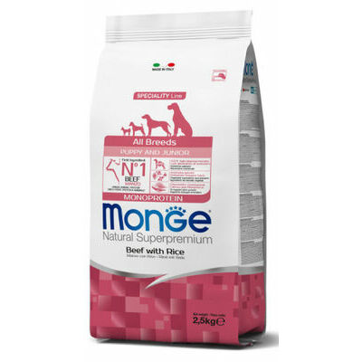 MONGE ALL BREEDS Puppy & Junior Beef and Rice 2,5 kg - barība suņiem