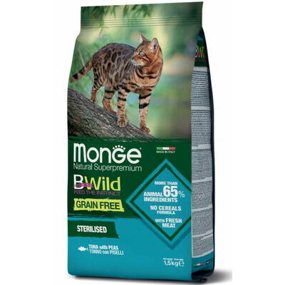 MONGE BWILD CAT Grain Free STERILISED Tuna with Peas 1,5 kg - barība kakiem