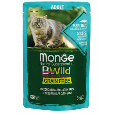 MONGE BWILD pouches Cat ADULT Codfish with shrimps,vegetables 85 g