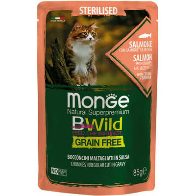 MONGE BWILD pouches Cat Sterilised Salmon with shrimps & vegetables 85 g - konservi kaķiem