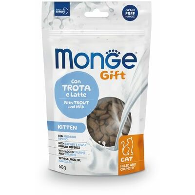 MONGE GIFT Cat FILLED & CRUNCHY Kitten Trout and milk / 60 g - kārums kaķiem