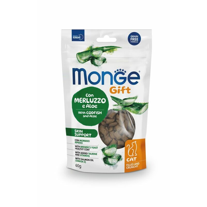 MONGE GIFT Cat FILLED & CRUNCHY Skin support Codfish and aloe / 60 g - kārums kaķiem