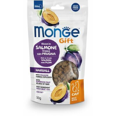 MONGE GIFT Cat MEAT MINIS Hairball Salmon with plum / 50 g - kārums kaķiem