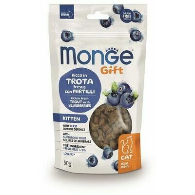 MONGE GIFT Cat MEAT MINIS Kitten Trout with blueberries / 50 g - kārums kaķiem