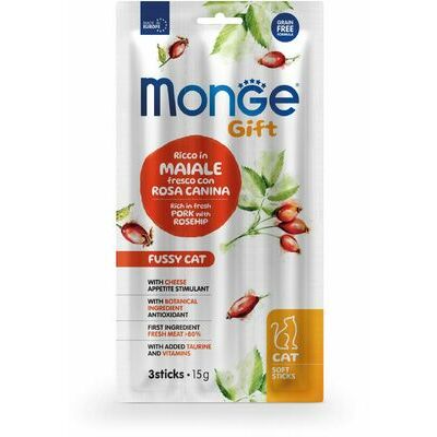 MONGE GIFT Cat SOFT STICKS Fussy cat Pork with rosehip & cheese / 15 g - kārums kaķiem
