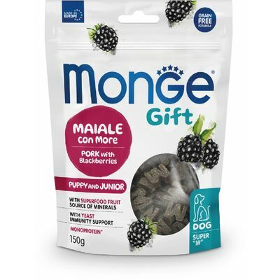 MONGE GIFT Dog SUPER M Puppy & Junior Pork with blackberries / 150 g - kārums suņiem