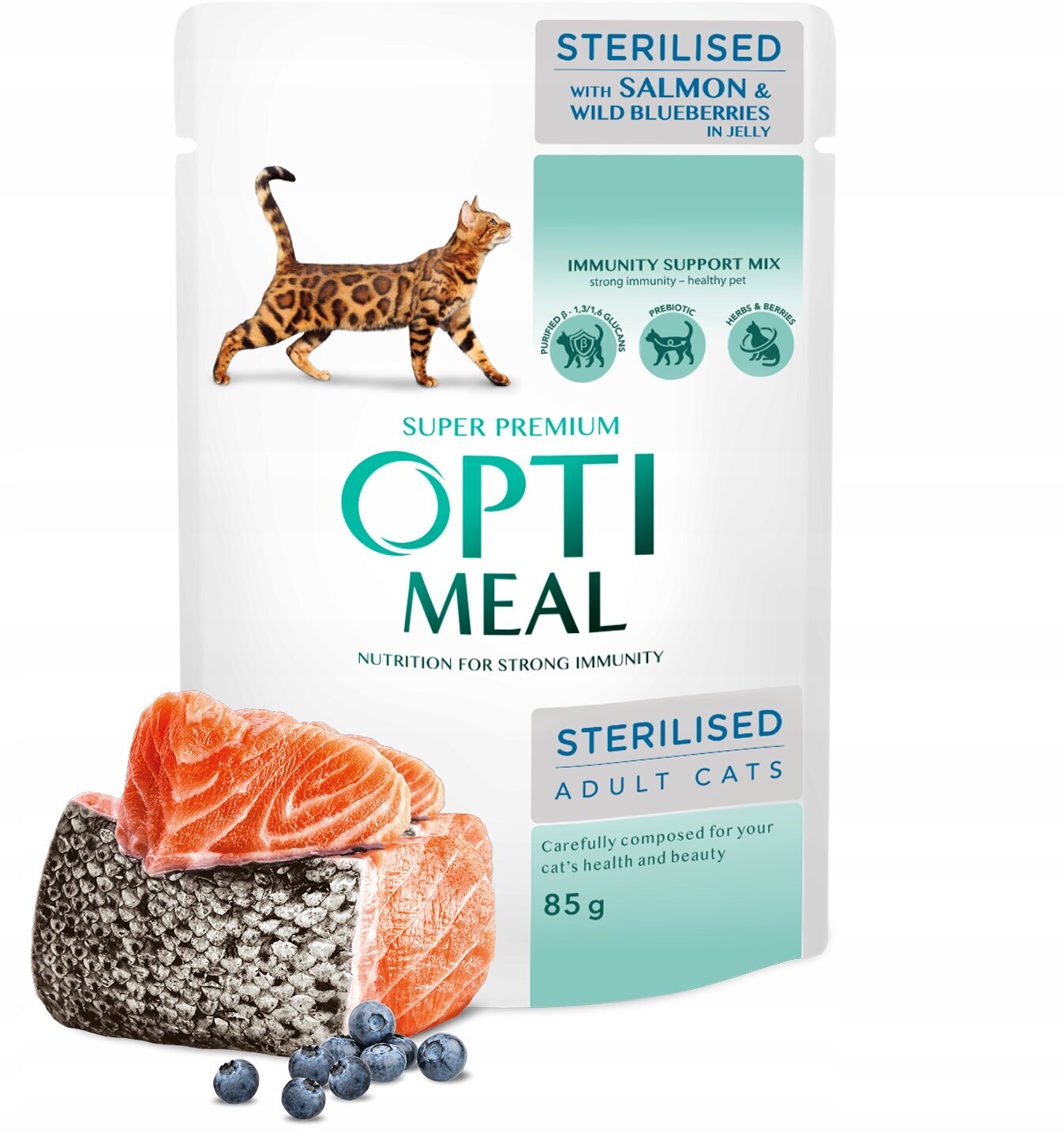 Optimeal Sterilised Cats With Salmon and Wild Blueberries in Jelly Wet Cat Food, 85g