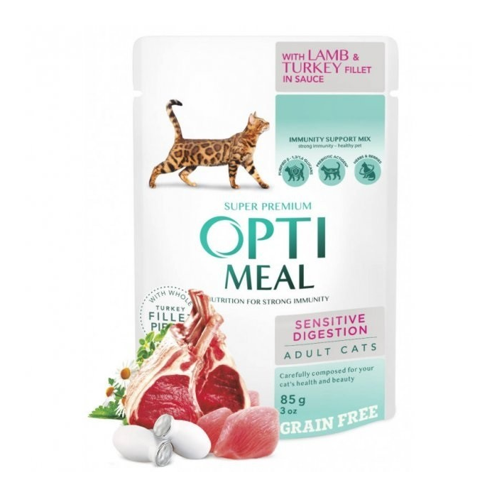 Optimeal Complete Canned Pet Food For Adult Cats With Sensitive Digestion With Lamb and Turkey Fillet in Sauce, 85g