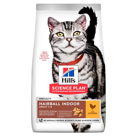 Hill's Science Plan Hairball Indoor Sausā barība pieaugušiem kaķiem ar vistu spalvu izvadīšanai, 3kg
