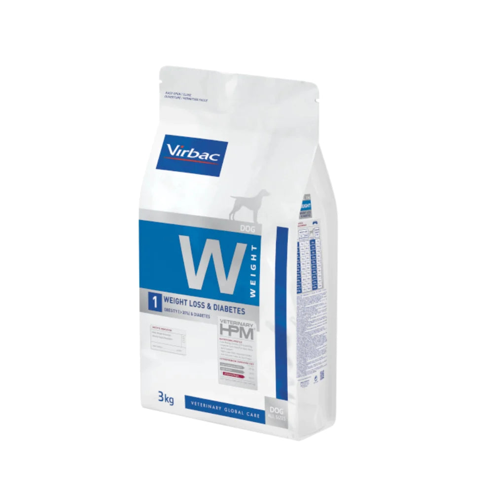 Virbac HPM Dog W1 Gewichtsverlust & Diabetes Trockenfutter für Hunde mit Schweinefleisch, 3 kg